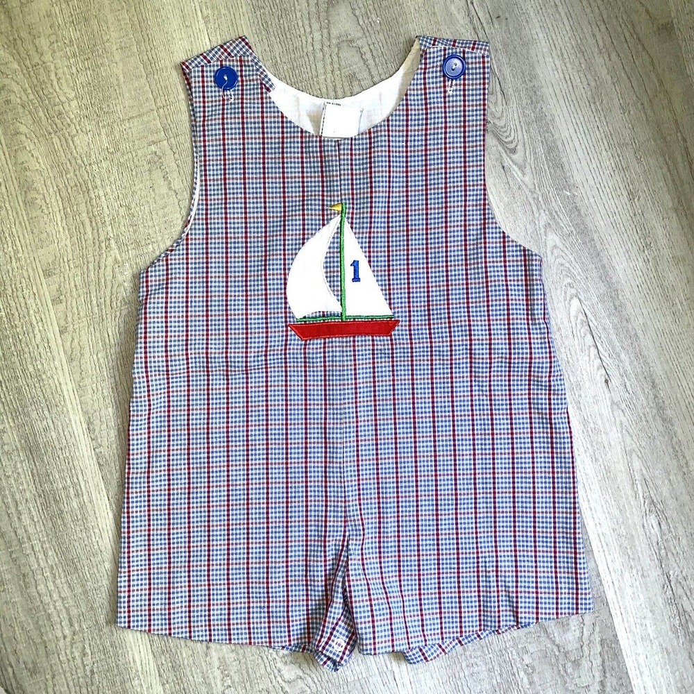 VTG Samara Jumper Sailboat Beach Girls 4T Boys Unisex Gingham Red While Blue